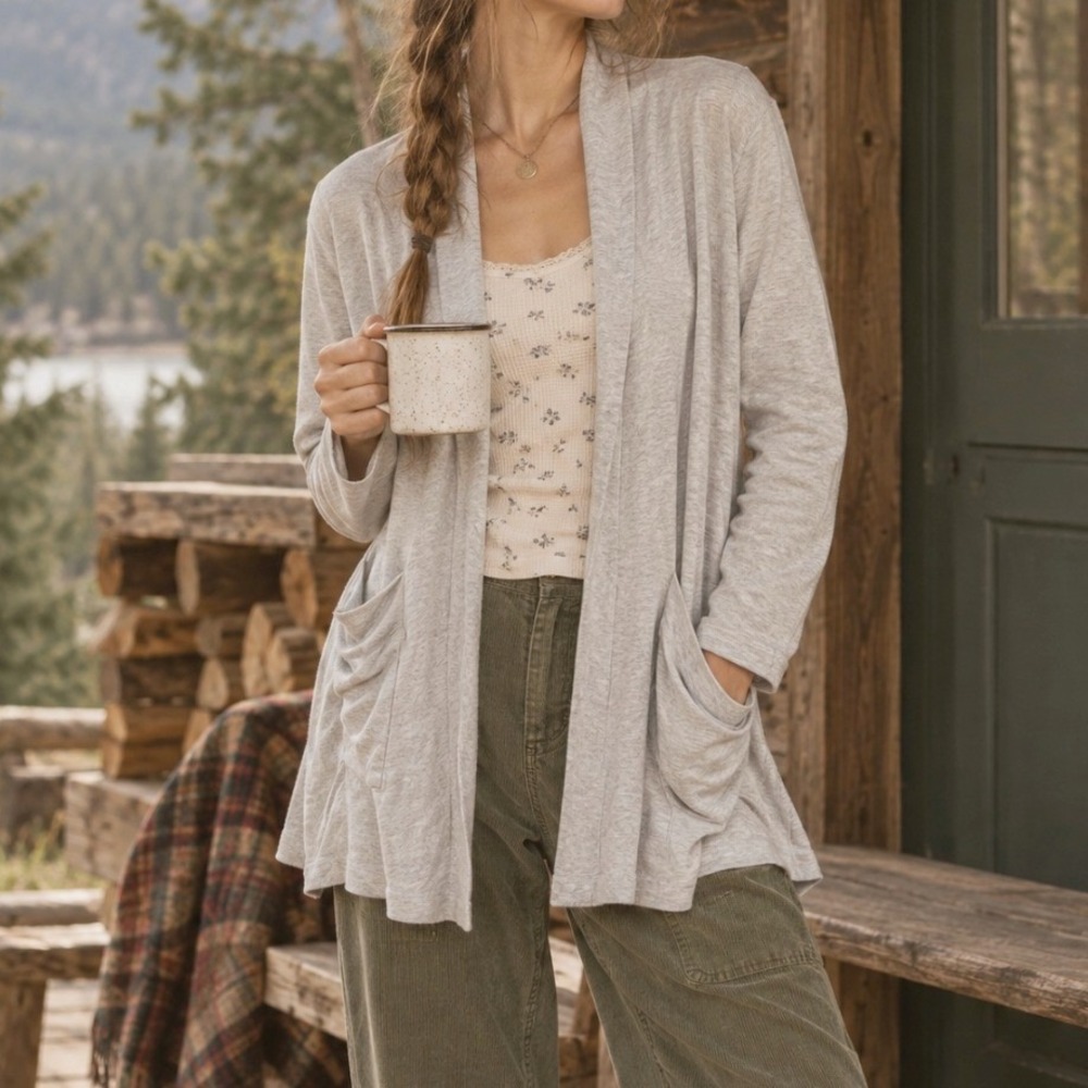 Eileen Fisher Cardigan Open Front Shawl XS Gray Organic Cotton Lounge Minimalist